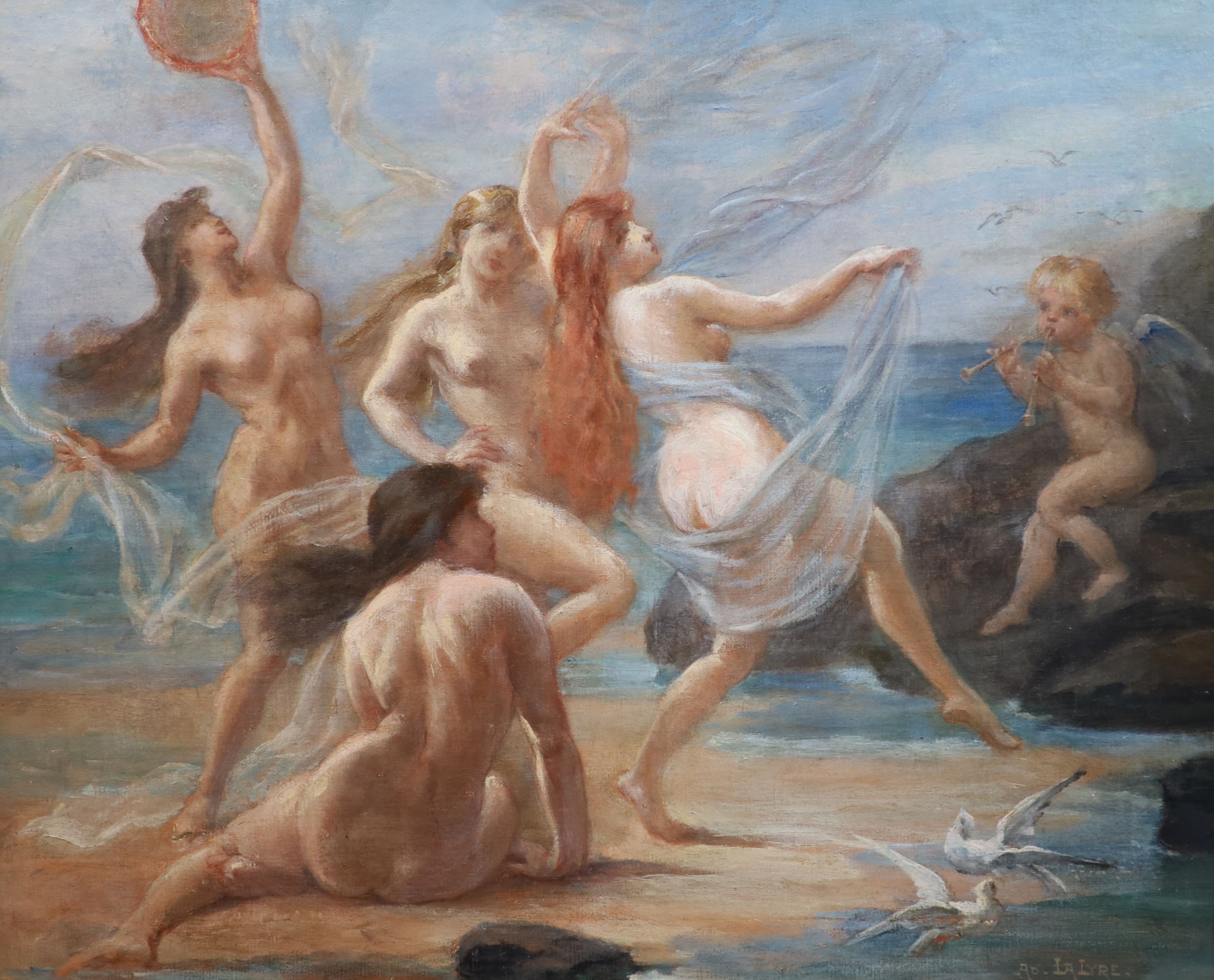 Adolphe Lalyre (French, (1848-1933), Sirens and Cupid dancing along the seashore, oil on canvas, 58 x 71cm
